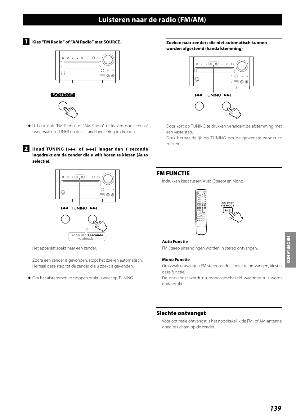 Luisteren naar de radio (fm/am), Fm functie, Slechte ontvangst | Teac DVD Receiver DR-H338i User Manual | Page 139 / 148