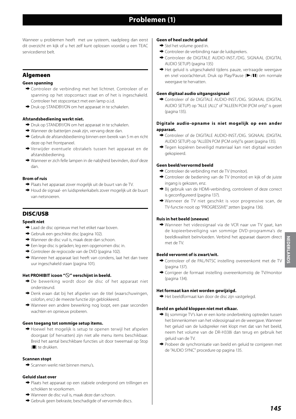 Problemen, Problemen (1), Algemeen | Disc/usb | Teac DVD Receiver DR-H338i User Manual | Page 145 / 148