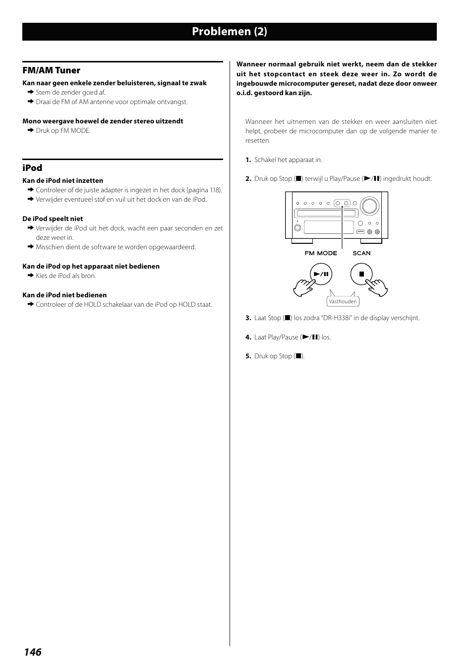 Problemen (2), Fm/am tuner, Ipod | Teac DVD Receiver DR-H338i User Manual | Page 146 / 148