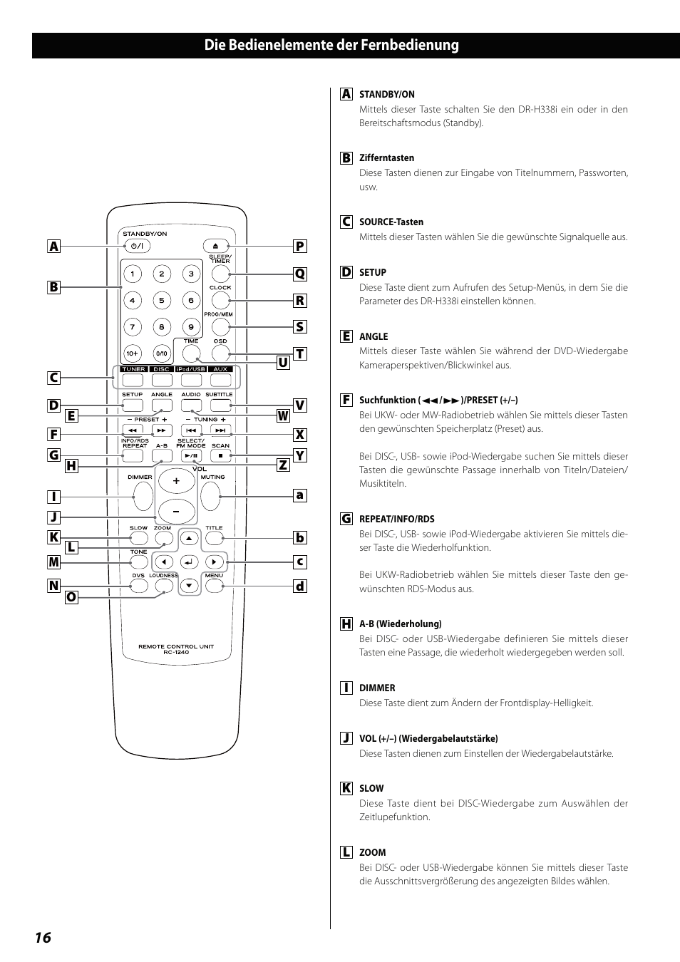 Die bedienelemente der fernbedienung, 16 die bedienelemente der fernbedienung | Teac DVD Receiver DR-H338i User Manual | Page 16 / 148