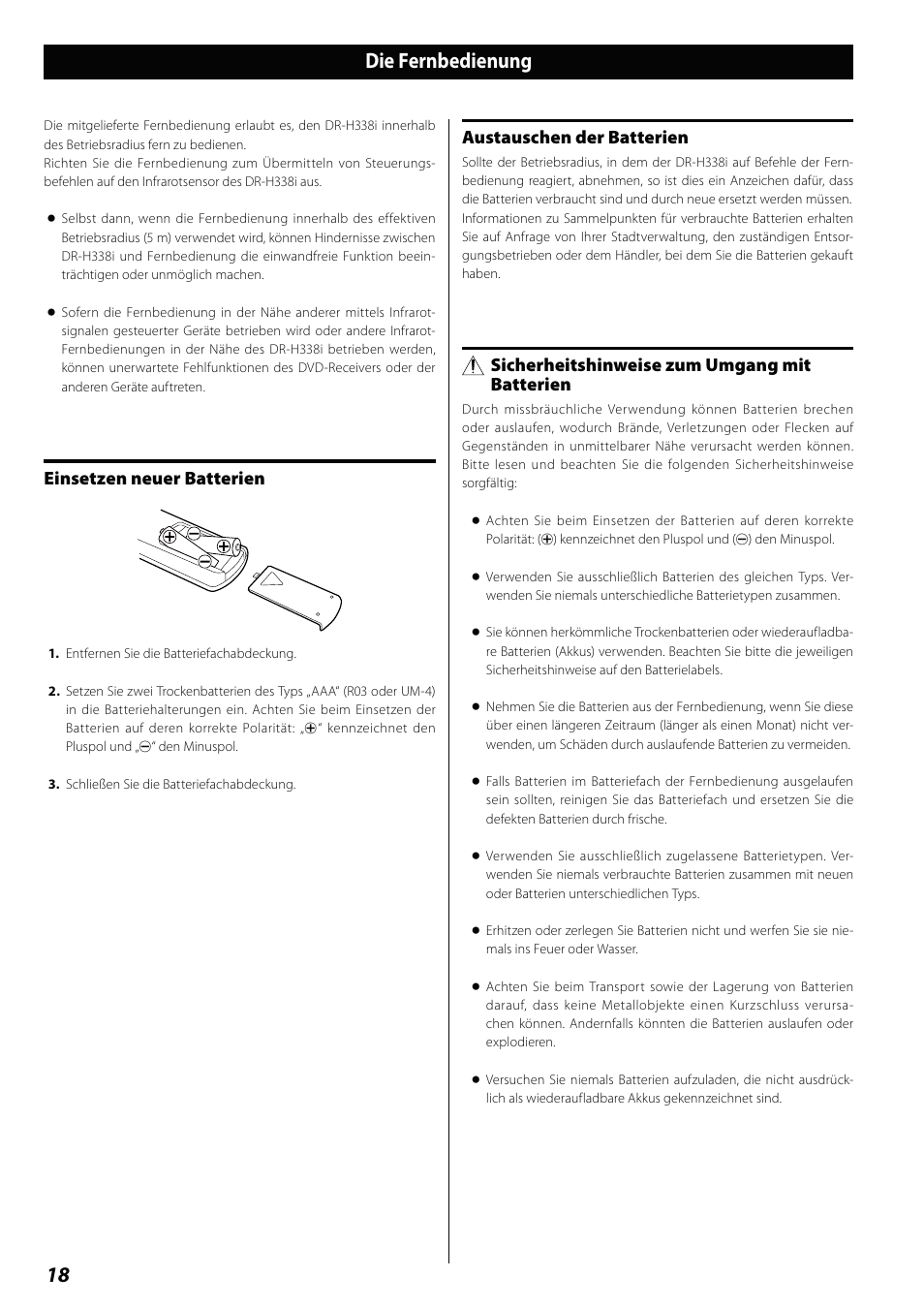 Die fernbedienung, Einsetzen neuer batterien, Austauschen der batterien | Sicherheitshinweise zum umgang mit batterien | Teac DVD Receiver DR-H338i User Manual | Page 18 / 148