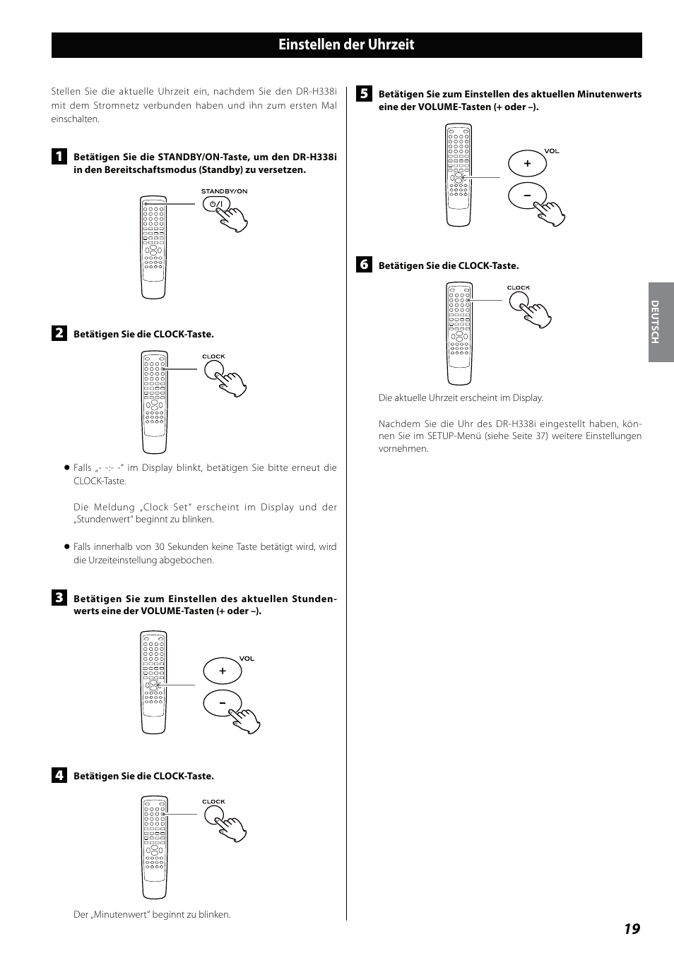 Einstellen der uhrzeit | Teac DVD Receiver DR-H338i User Manual | Page 19 / 148