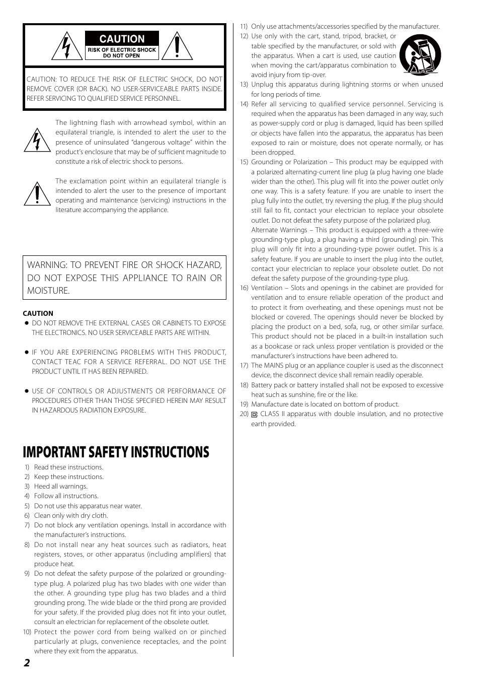 Important safety instructions | Teac DVD Receiver DR-H338i User Manual | Page 2 / 148