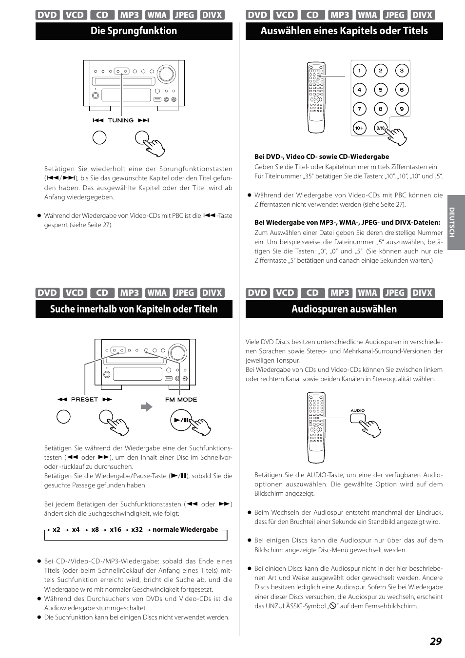 Die sprungfunktion, Suche innerhalb von kapiteln oder titeln, Auswählen eines kapitels oder titels | Audiospuren auswählen | Teac DVD Receiver DR-H338i User Manual | Page 29 / 148