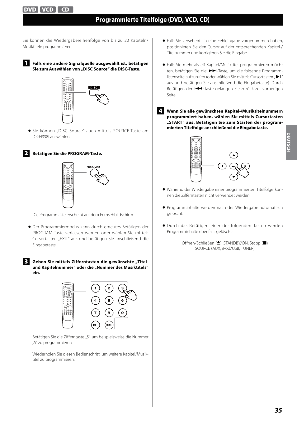 Programmierte titelfolge (dvd, vcd, cd) | Teac DVD Receiver DR-H338i User Manual | Page 35 / 148