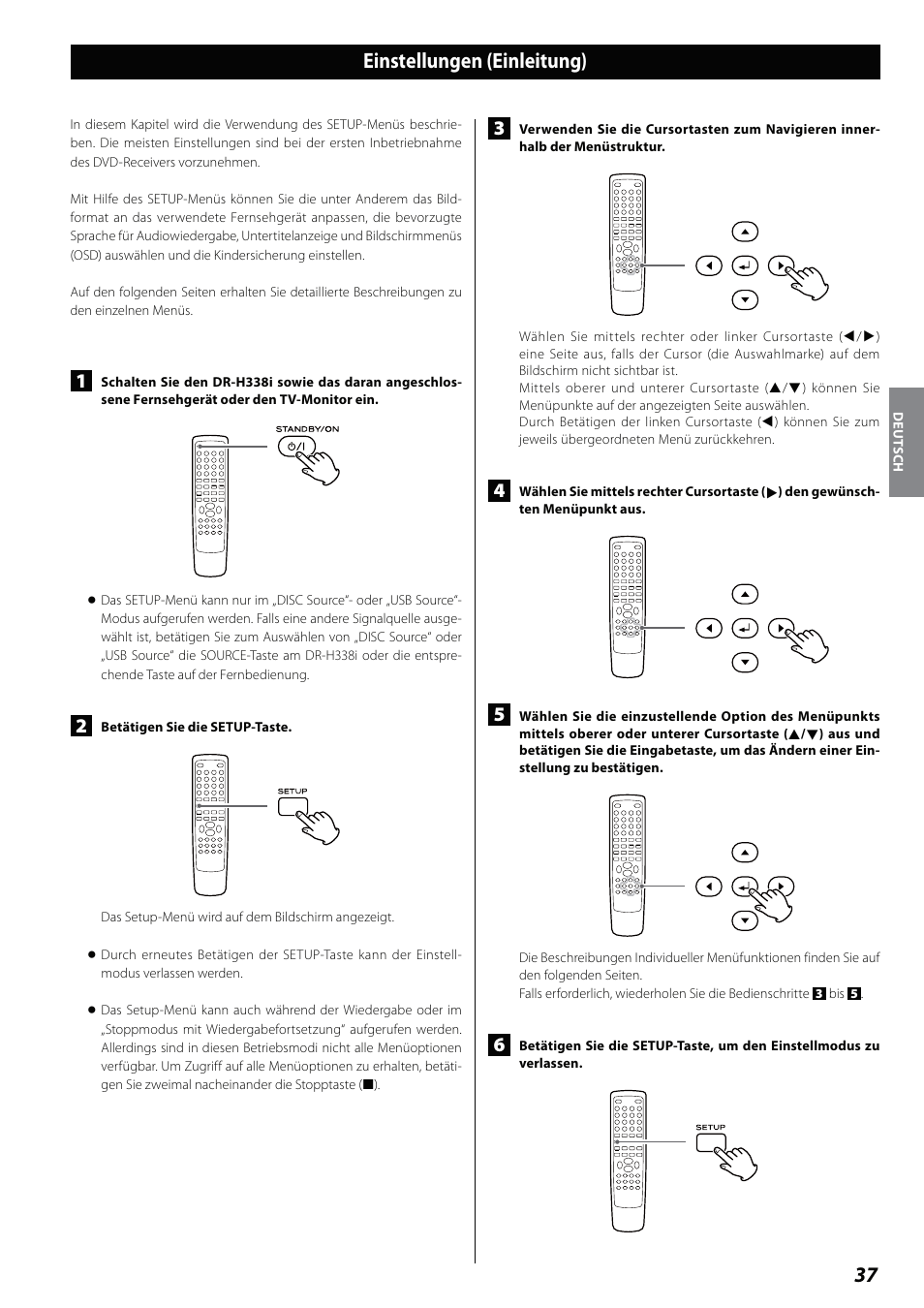 Einstellungen (einleitung) | Teac DVD Receiver DR-H338i User Manual | Page 37 / 148