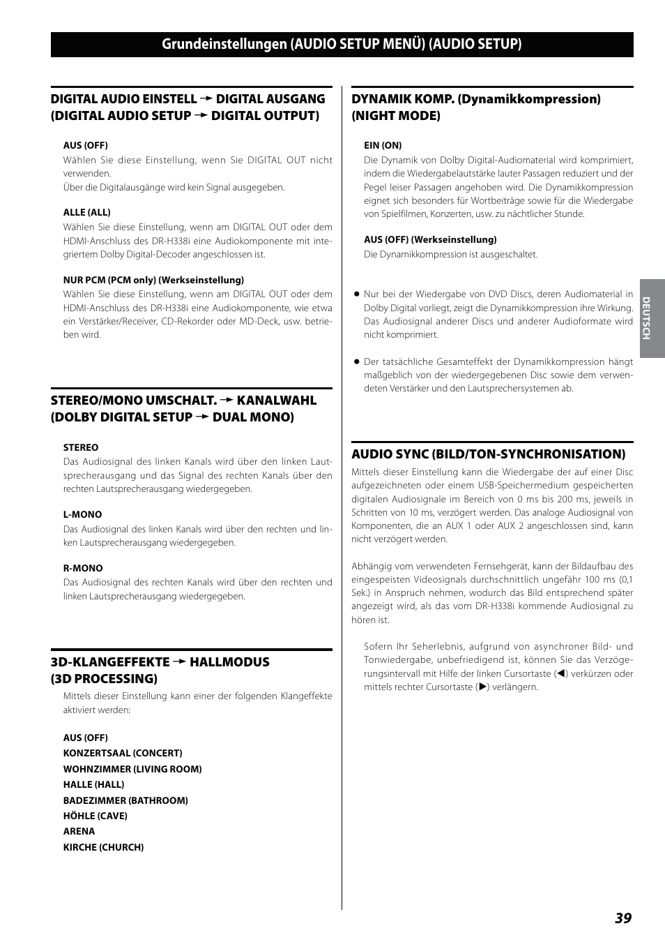 3d-klangeffekte w hallmodus (3d processing), Dynamik komp. (dynamikkompression) (night mode), Audio sync (bild/ton-synchronisation) | Teac DVD Receiver DR-H338i User Manual | Page 39 / 148