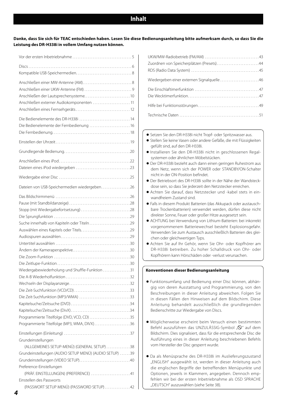 Bedienungsanleitung, Inhalt, 4inhalt | Teac DVD Receiver DR-H338i User Manual | Page 4 / 148