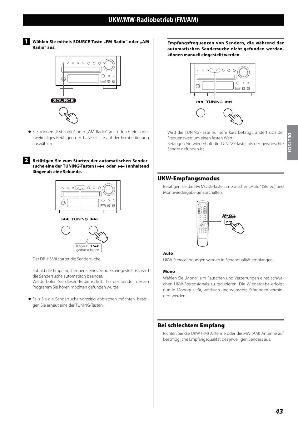 Ukw/mw-radiobetrieb (fm/am), Ukw-empfangsmodus, Bei schlechtem empfang | Teac DVD Receiver DR-H338i User Manual | Page 43 / 148
