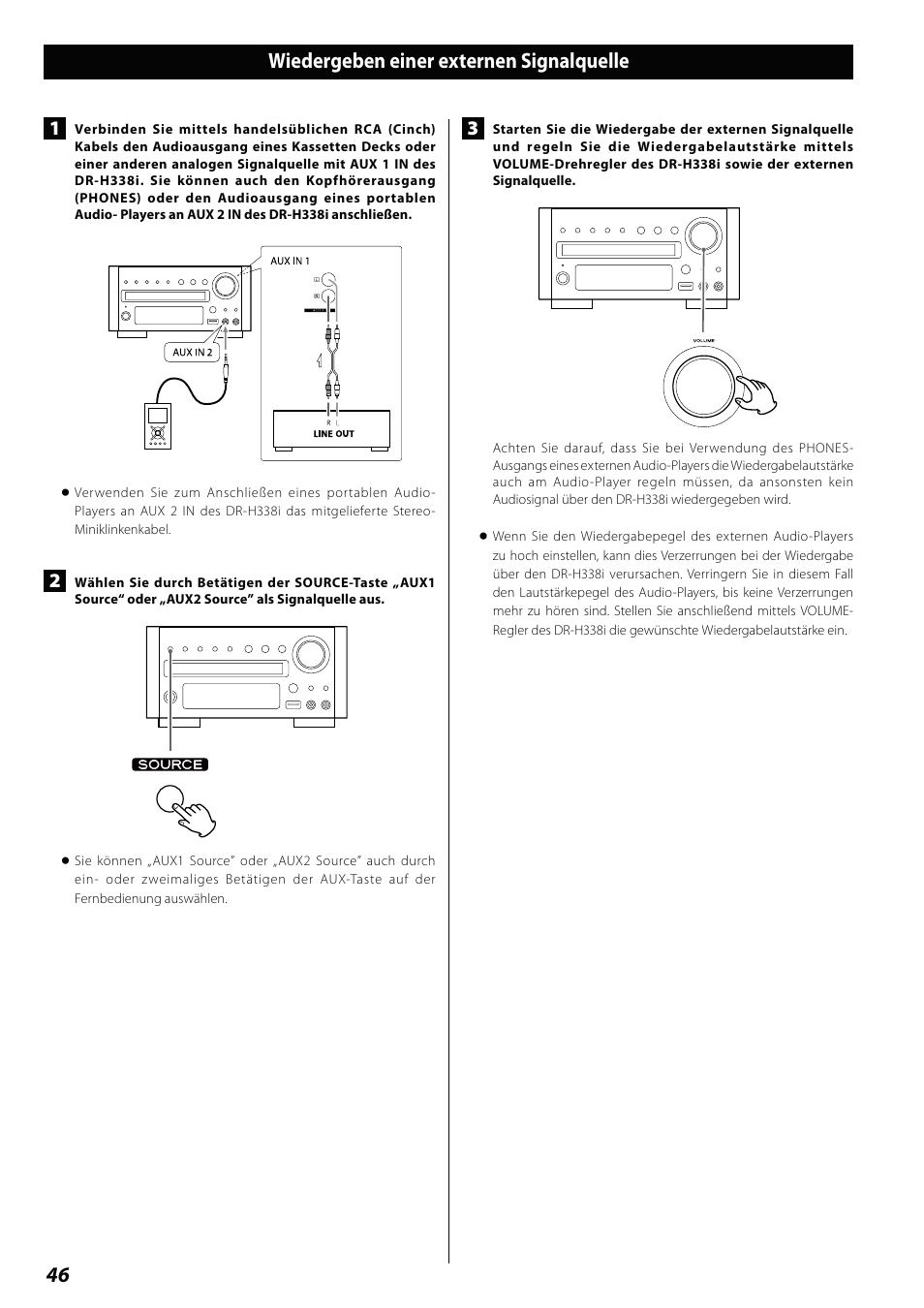 Wiedergeben einer externen signalquelle, 46 wiedergeben einer externen signalquelle | Teac DVD Receiver DR-H338i User Manual | Page 46 / 148