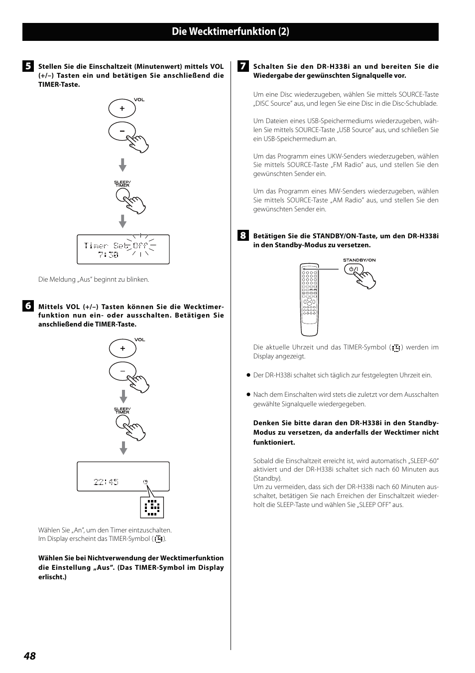 Die wecktimerfunktion (2) | Teac DVD Receiver DR-H338i User Manual | Page 48 / 148