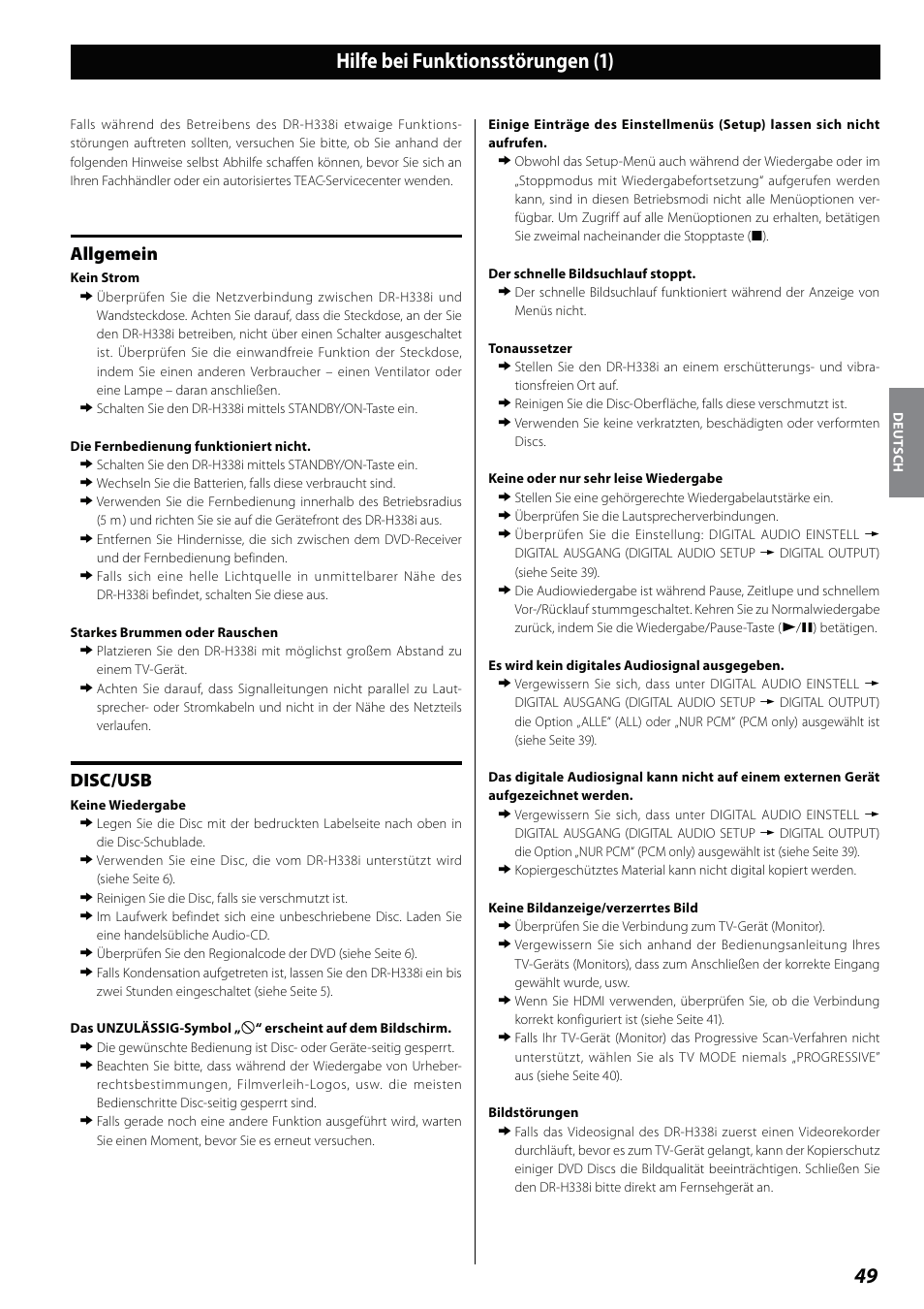 Hilfe bei funktionsstörungen, Hilfe bei funktionsstörungen (1), Allgemein | Disc/usb | Teac DVD Receiver DR-H338i User Manual | Page 49 / 148