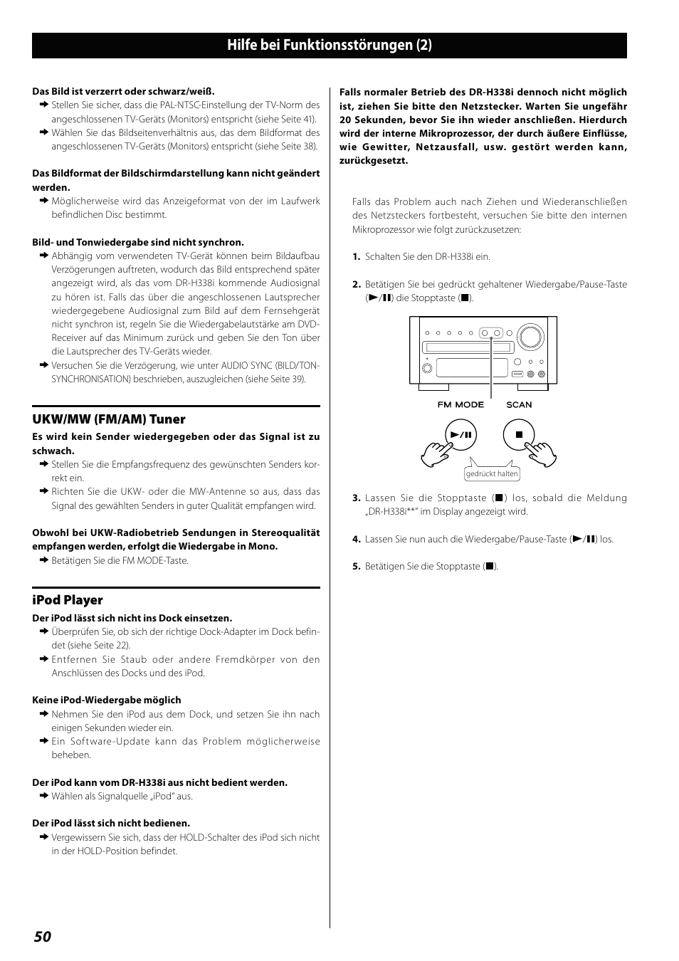 Hilfe bei funktionsstörungen (2), Ukw/mw (fm/am) tuner, Ipod player | Teac DVD Receiver DR-H338i User Manual | Page 50 / 148