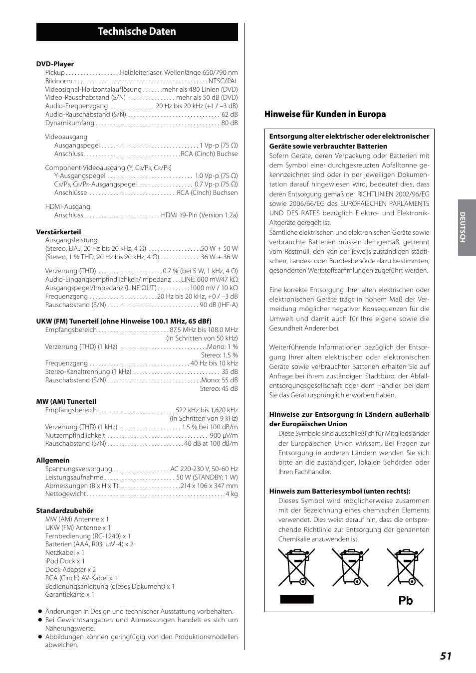 Technische daten, Hinweise für kunden in europa | Teac DVD Receiver DR-H338i User Manual | Page 51 / 148