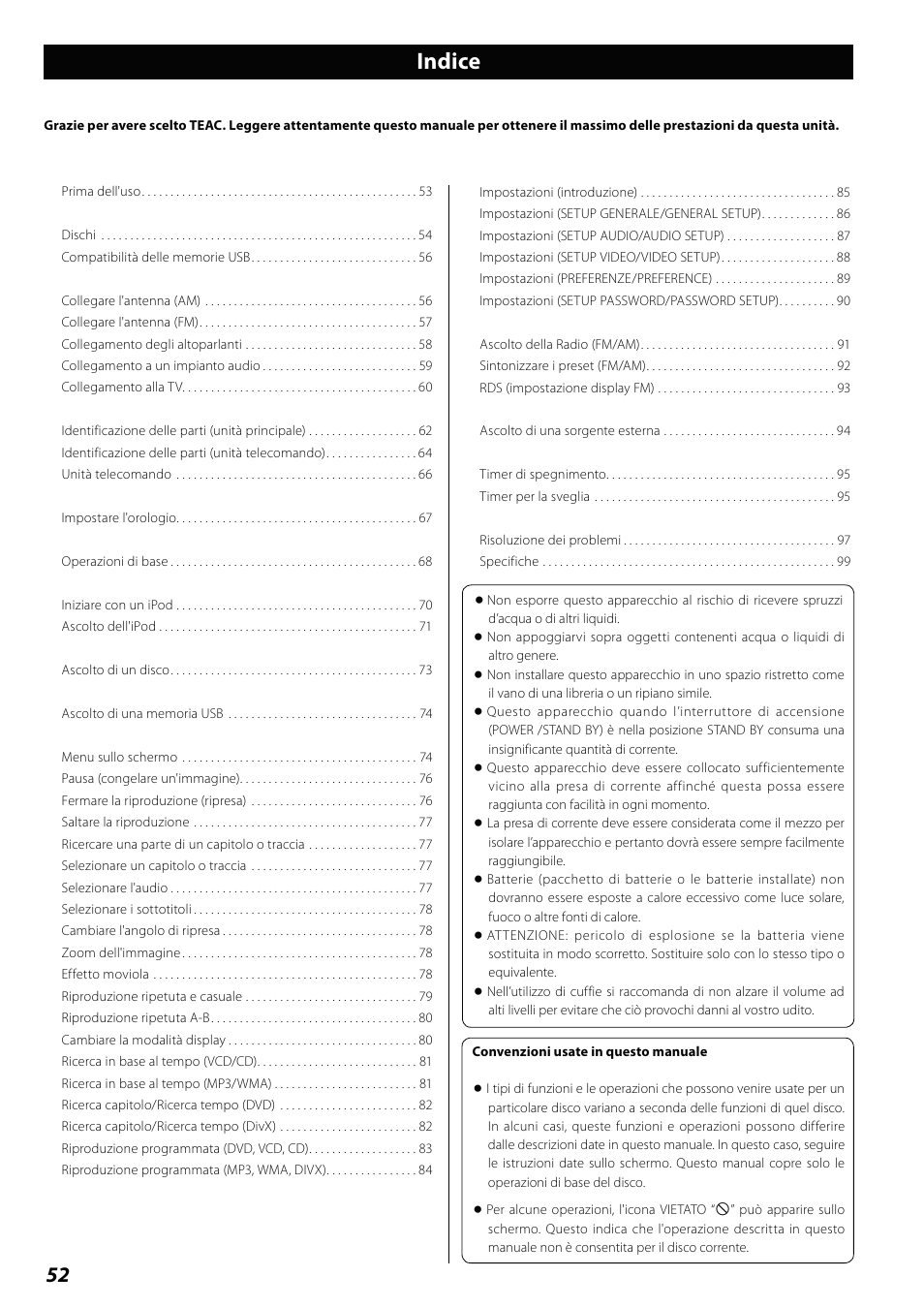 Manuale di istruzioni, Indice | Teac DVD Receiver DR-H338i User Manual | Page 52 / 148