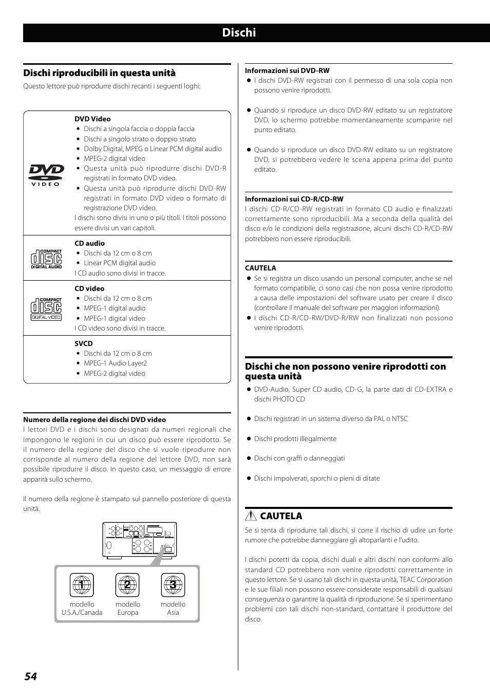 Dischi, Dischi riproducibili in questa unità, Cautela | Teac DVD Receiver DR-H338i User Manual | Page 54 / 148