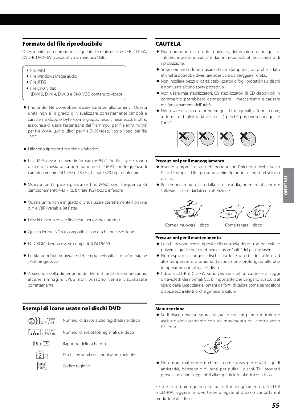 Formato del file riproducibile, Esempi di icone usate nei dischi dvd, Cautela | Teac DVD Receiver DR-H338i User Manual | Page 55 / 148