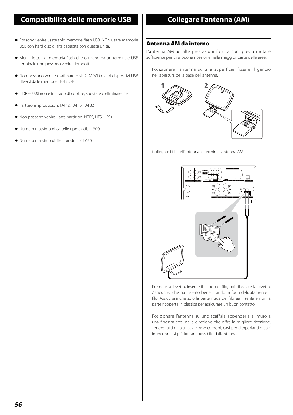 Compatibilità delle memorie usb, Collegare l'antenna (am) | Teac DVD Receiver DR-H338i User Manual | Page 56 / 148