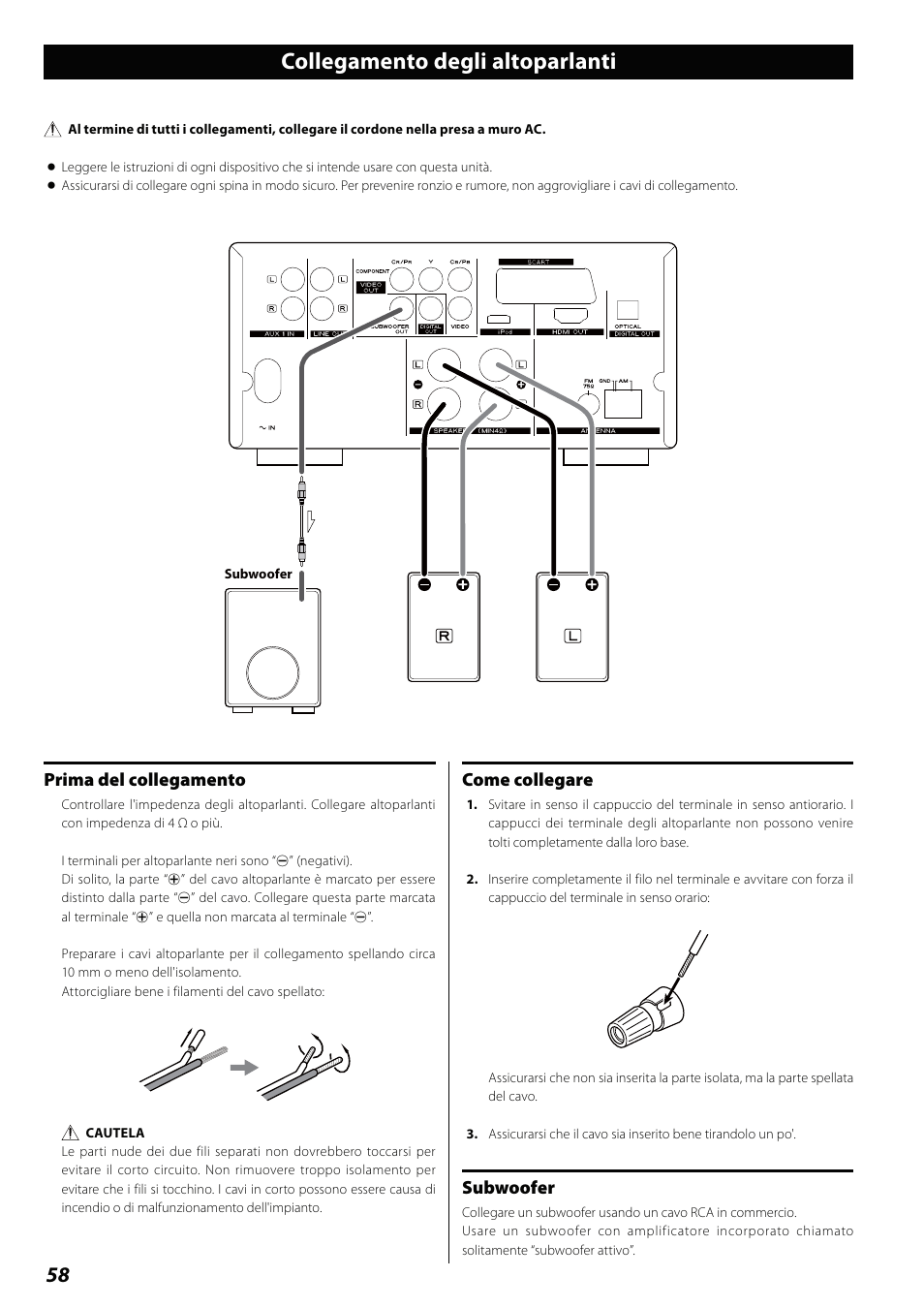 Collegamento degli altoparlanti, Prima del collegamento, Come collegare | Subwoofer | Teac DVD Receiver DR-H338i User Manual | Page 58 / 148