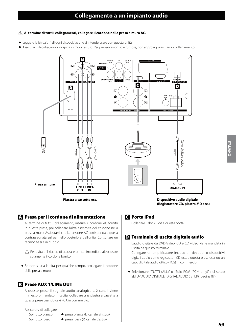 Collegamento a un impianto audio, Apresa per il cordone di alimentazione, Bprese aux 1/line out | Cd b a, Cporta ipod, Dterminale di uscita digitale audio | Teac DVD Receiver DR-H338i User Manual | Page 59 / 148