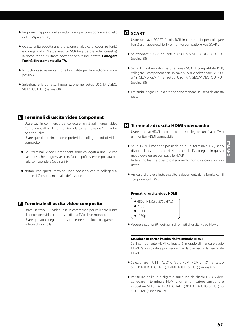 Gscart, Hterminale di uscita hdmi video/audio, Eterminali di uscita video component | Fterminale di uscita video composito | Teac DVD Receiver DR-H338i User Manual | Page 61 / 148