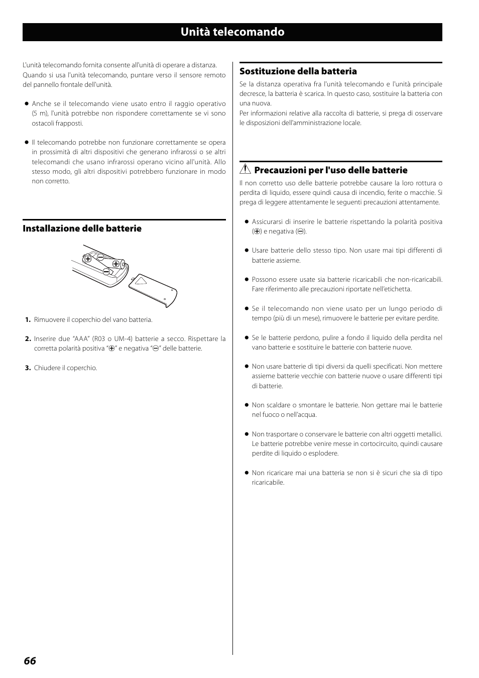 Unità telecomando, Installazione delle batterie, Sostituzione della batteria | Precauzioni per l'uso delle batterie | Teac DVD Receiver DR-H338i User Manual | Page 66 / 148