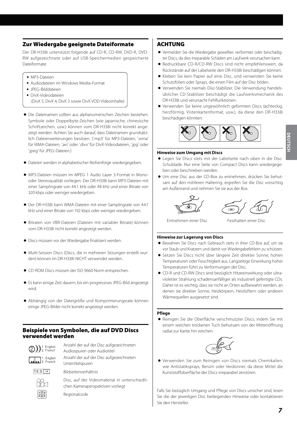 Zur wiedergabe geeignete dateiformate, Achtung | Teac DVD Receiver DR-H338i User Manual | Page 7 / 148