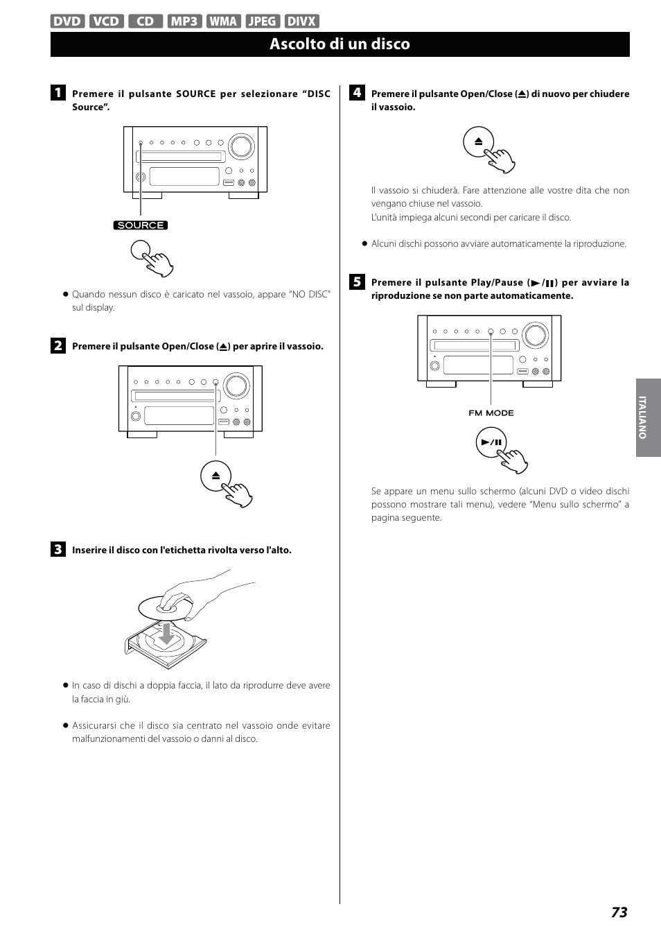 Ascolto di un disco | Teac DVD Receiver DR-H338i User Manual | Page 73 / 148