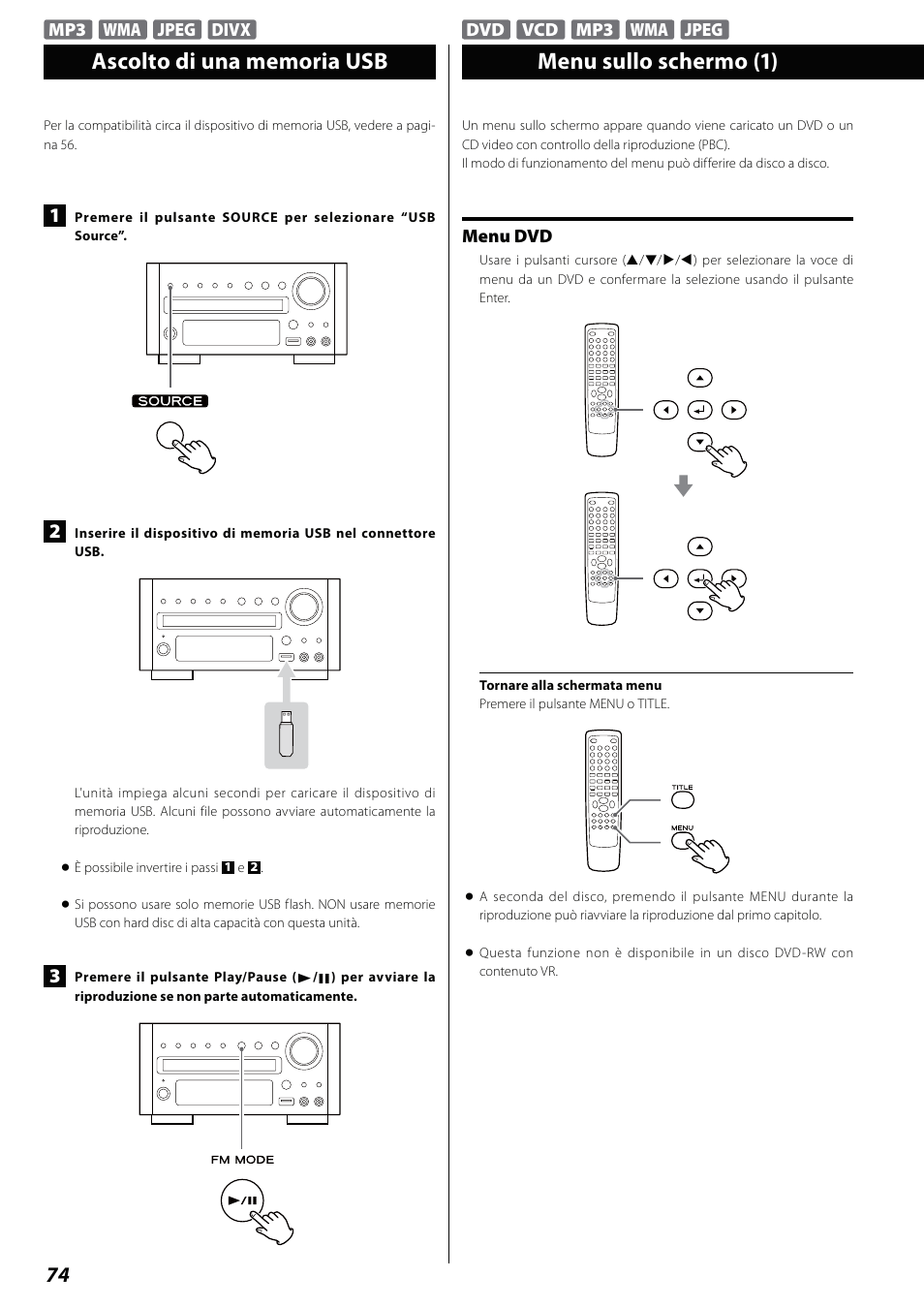 Ascolto di una memoria usb, Menu sullo schermo | Teac DVD Receiver DR-H338i User Manual | Page 74 / 148