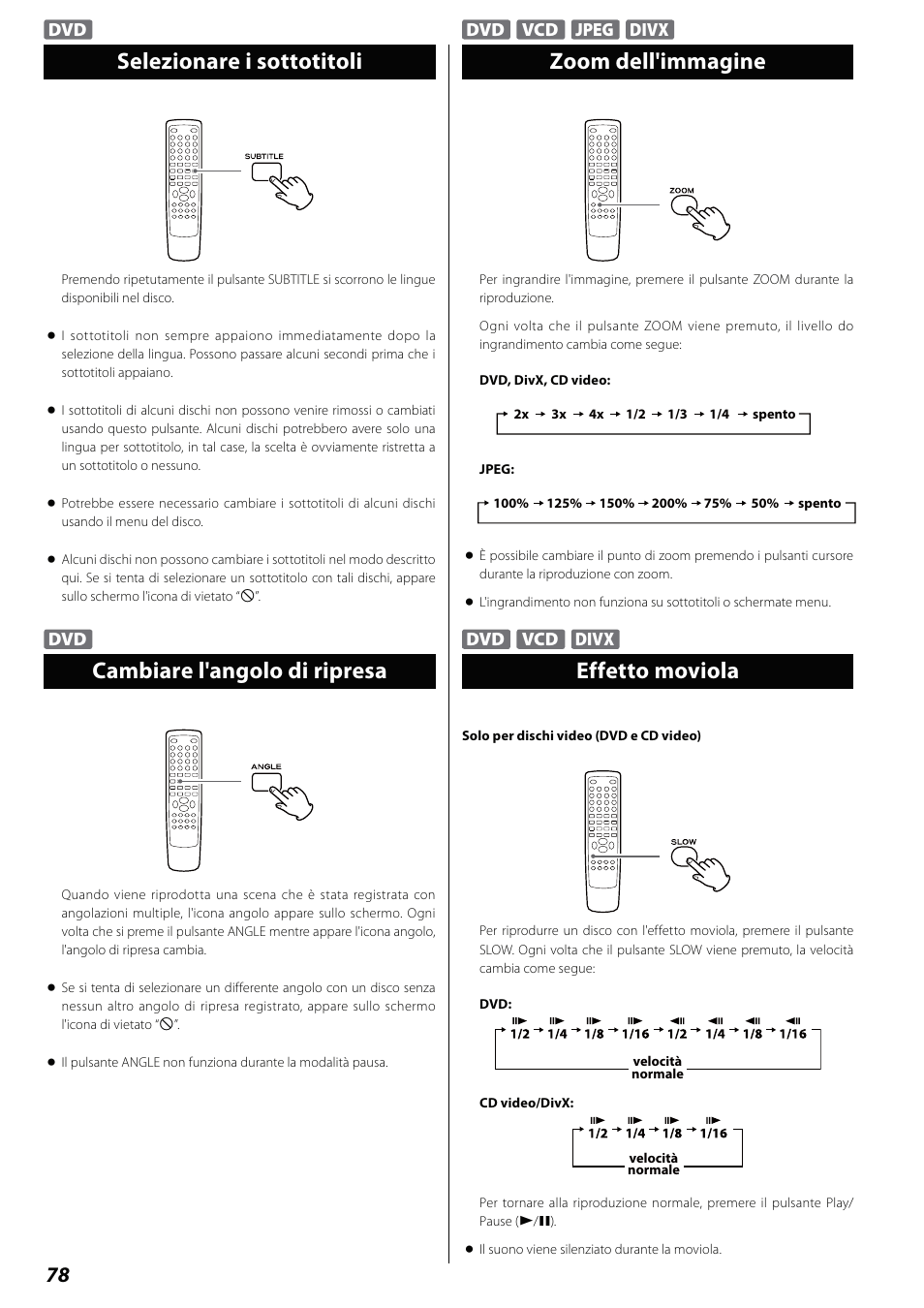 Selezionare i sottotitoli, Cambiare l'angolo di ripresa, Zoom dell'immagine | Effetto moviola | Teac DVD Receiver DR-H338i User Manual | Page 78 / 148