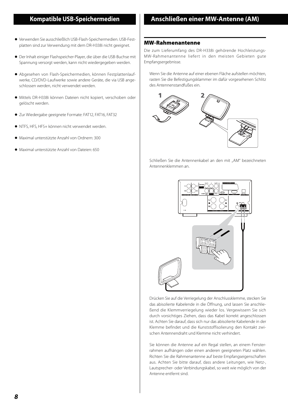 Kompatible usb-speichermedien, Anschließen einer mw-antenne (am), 8anschließen einer mw-antenne (am) | Mw-rahmenantenne | Teac DVD Receiver DR-H338i User Manual | Page 8 / 148