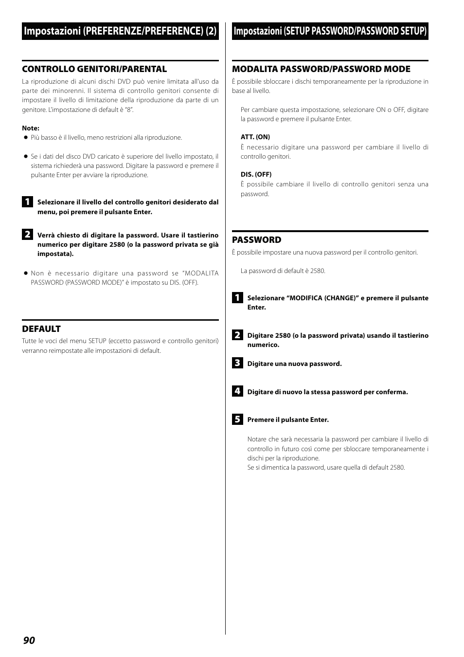 Impostazioni (setup password/password setup), Impostazioni (preferenze/preference) (2) | Teac DVD Receiver DR-H338i User Manual | Page 90 / 148