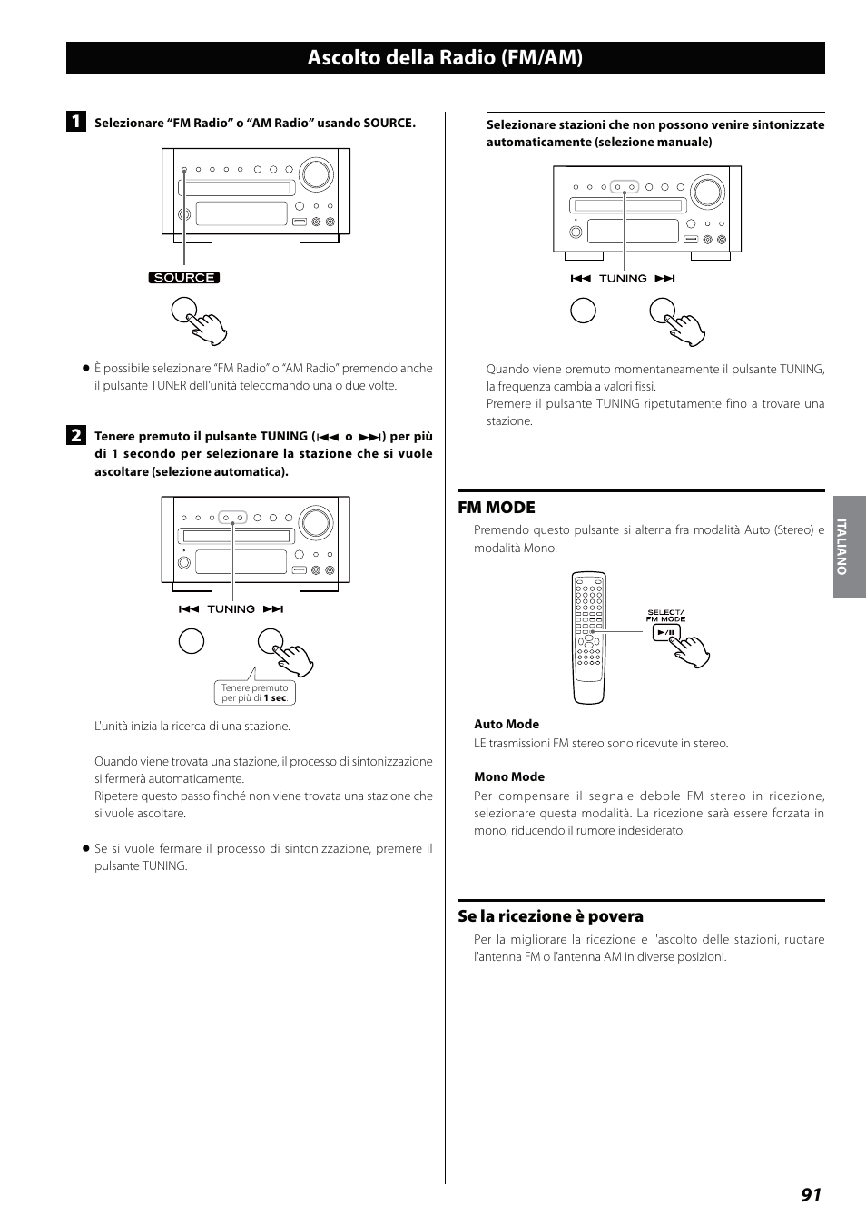 Ascolto della radio (fm/am), Fm mode, Se la ricezione è povera | Teac DVD Receiver DR-H338i User Manual | Page 91 / 148