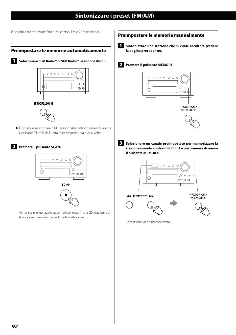 Sintonizzare i preset (fm/am) | Teac DVD Receiver DR-H338i User Manual | Page 92 / 148