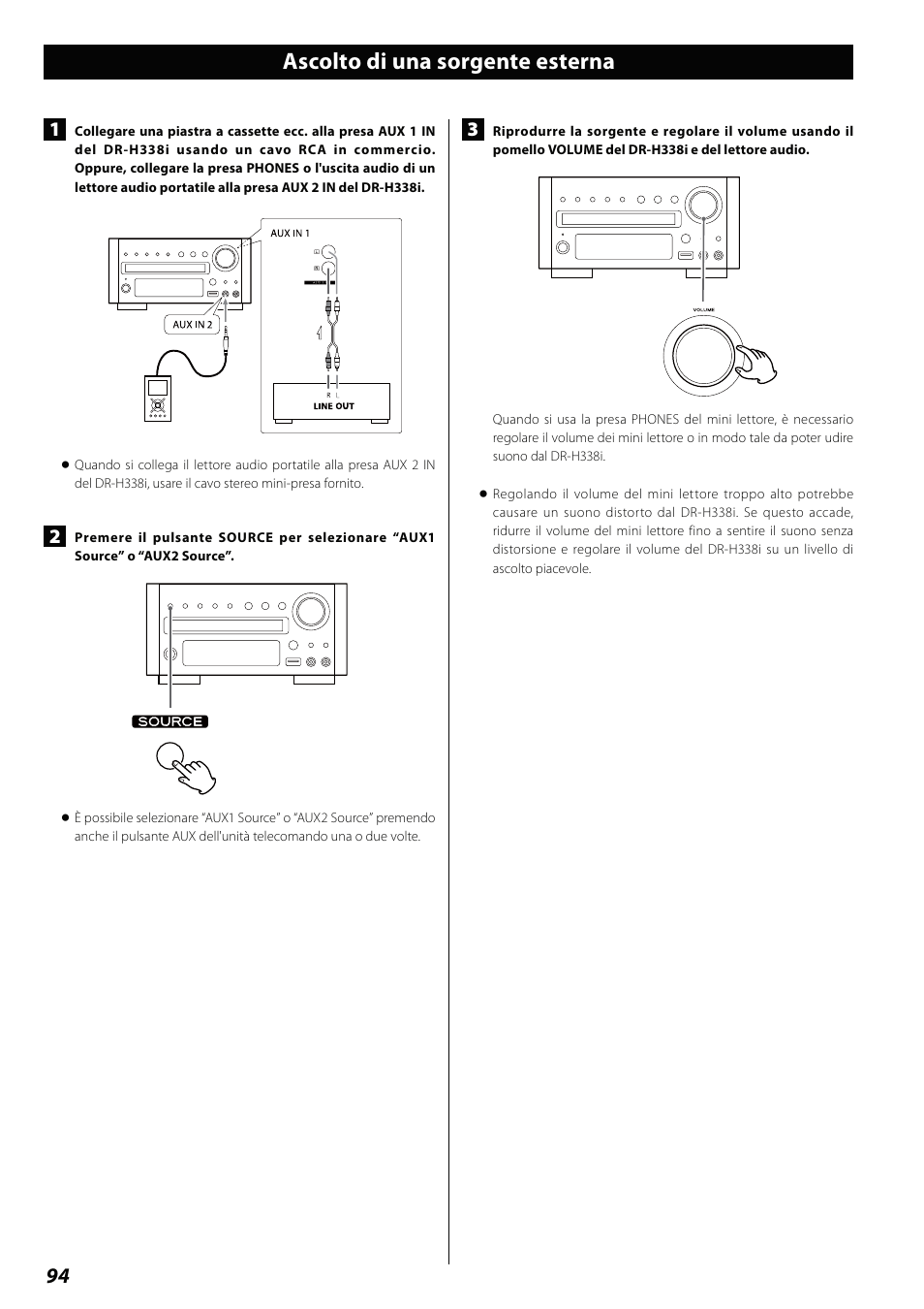 Ascolto di una sorgente esterna | Teac DVD Receiver DR-H338i User Manual | Page 94 / 148