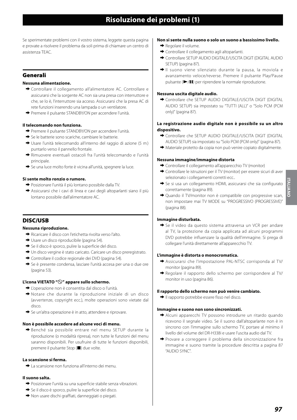 Risoluzione dei problemi, Risoluzione dei problemi (1), Generali | Disc/usb | Teac DVD Receiver DR-H338i User Manual | Page 97 / 148