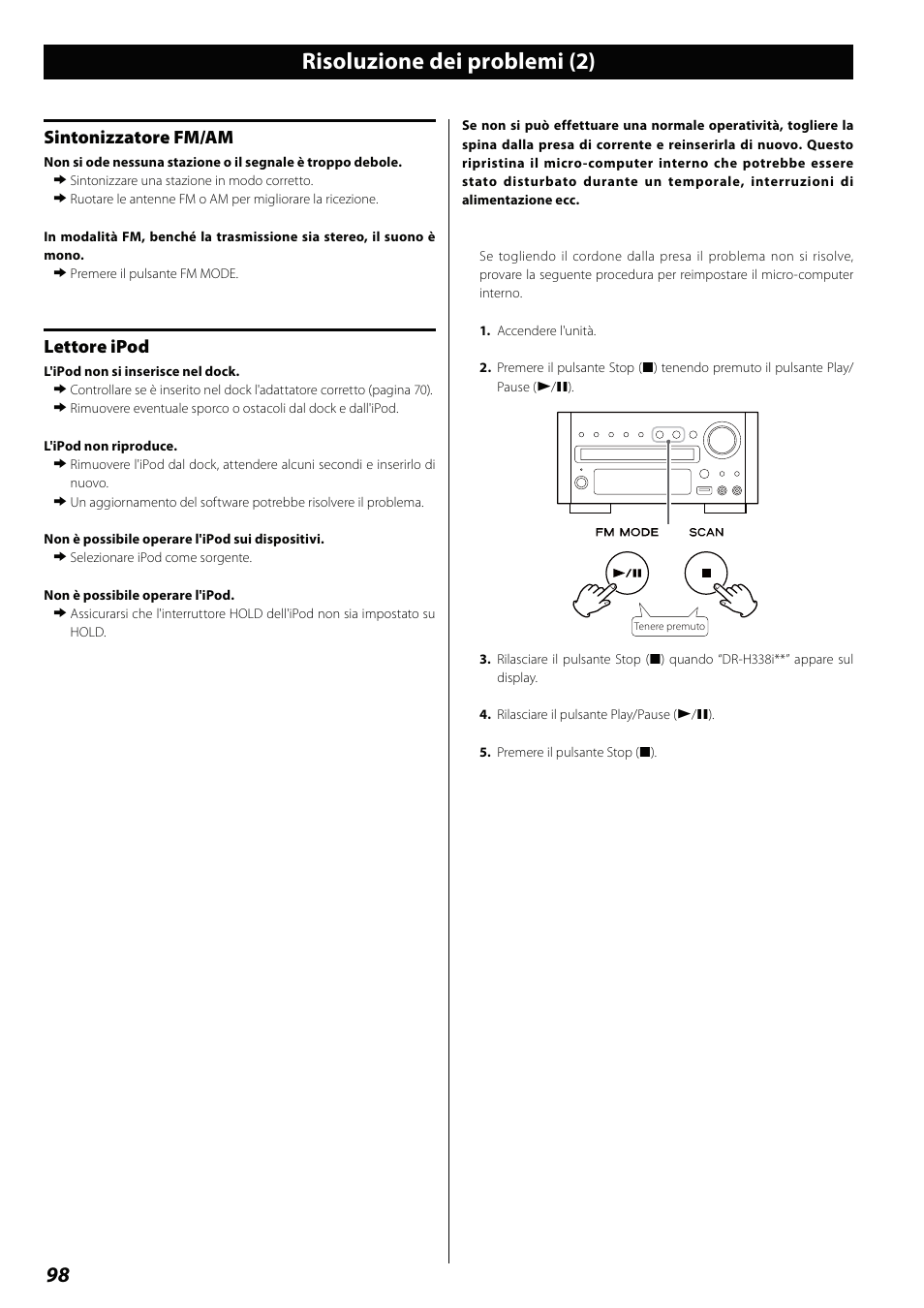 Risoluzione dei problemi (2), Sintonizzatore fm/am, Lettore ipod | Teac DVD Receiver DR-H338i User Manual | Page 98 / 148