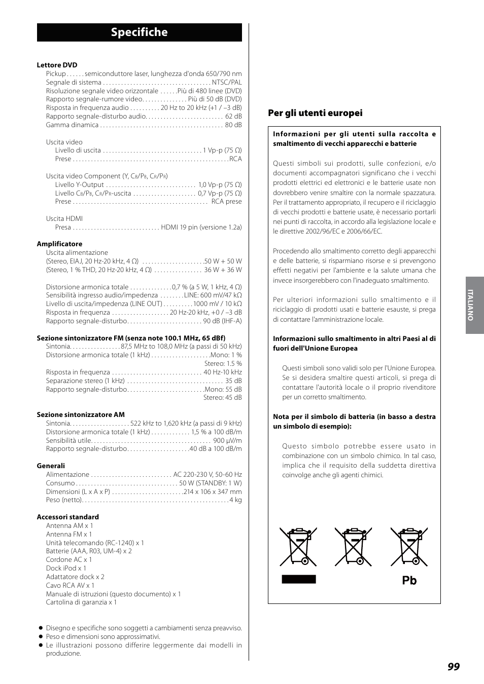 Specifiche, Per gli utenti europei | Teac DVD Receiver DR-H338i User Manual | Page 99 / 148