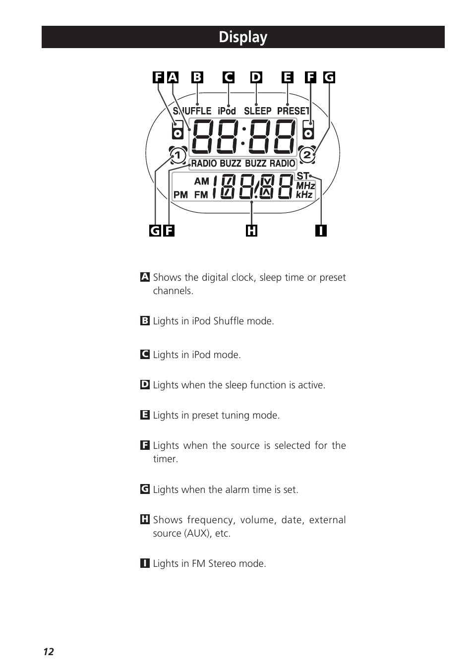 Setting the cloc, Setting the clock, Display | Teac GR-7i User Manual | Page 12 / 68