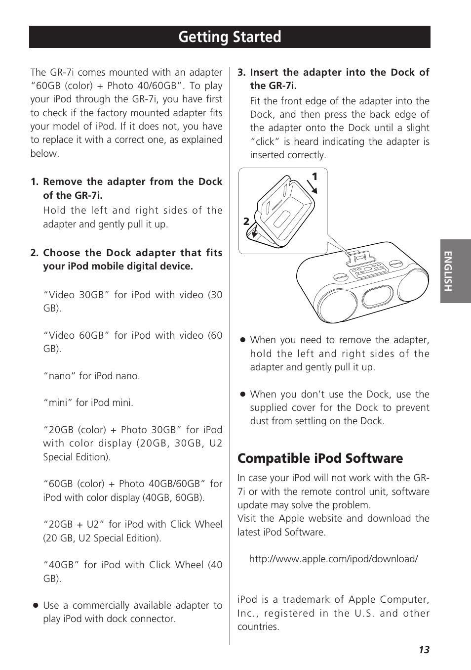 Basic operatio, Basic operation, Getting started | Compatible ipod software | Teac GR-7i User Manual | Page 13 / 68