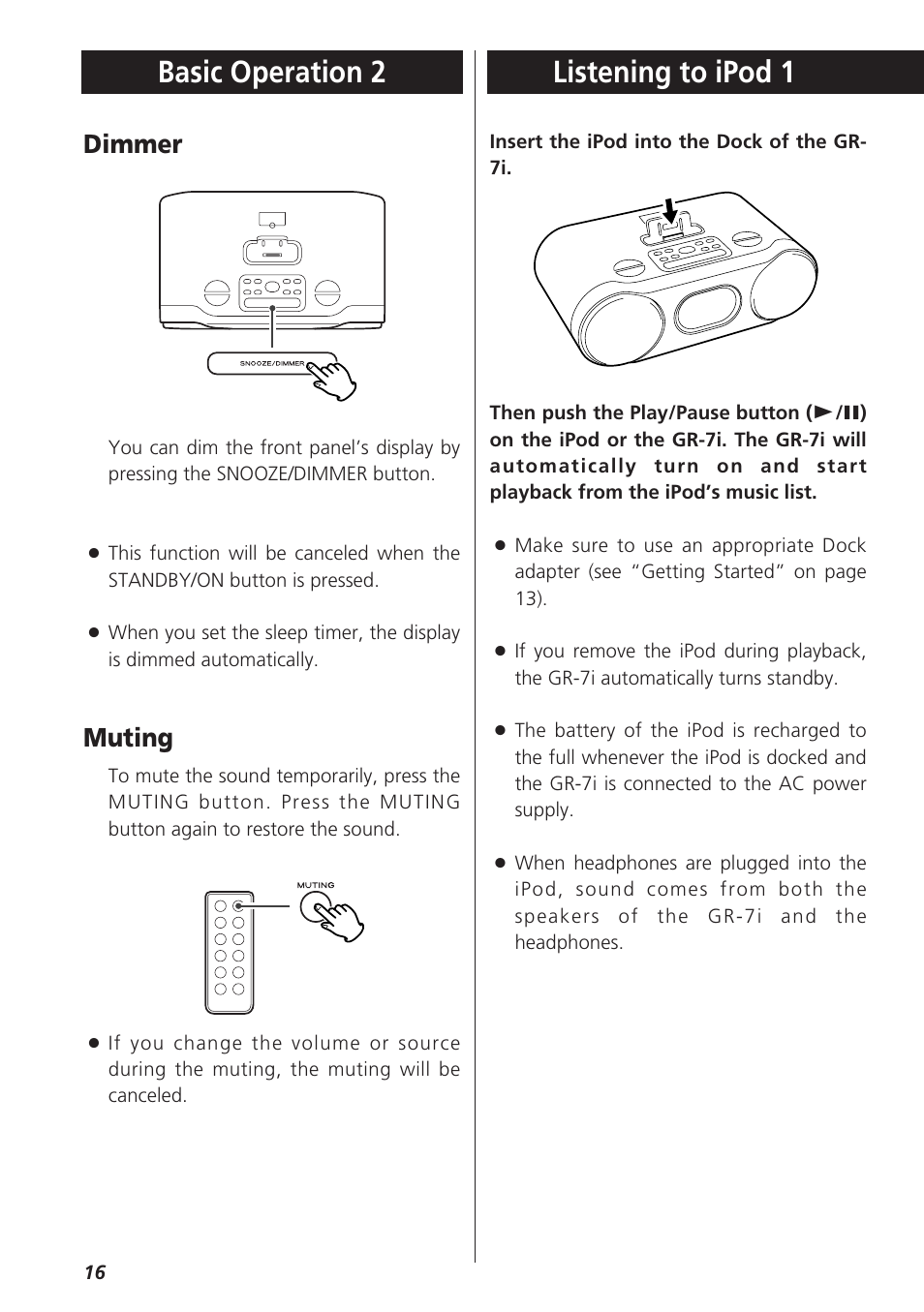 Basic operation 2, Listening to ipod 1, Muting | Dimmer | Teac GR-7i User Manual | Page 16 / 68