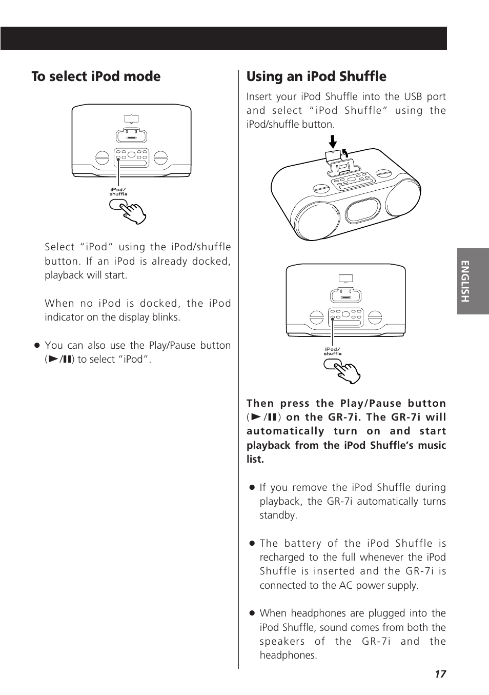 Listening to an external sour, Listening to an external source, Using an ipod shuffle | Teac GR-7i User Manual | Page 17 / 68