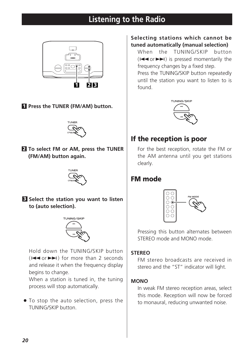 Time, Timer, Listening to the radio | If the reception is poor, Fm mode | Teac GR-7i User Manual | Page 20 / 68