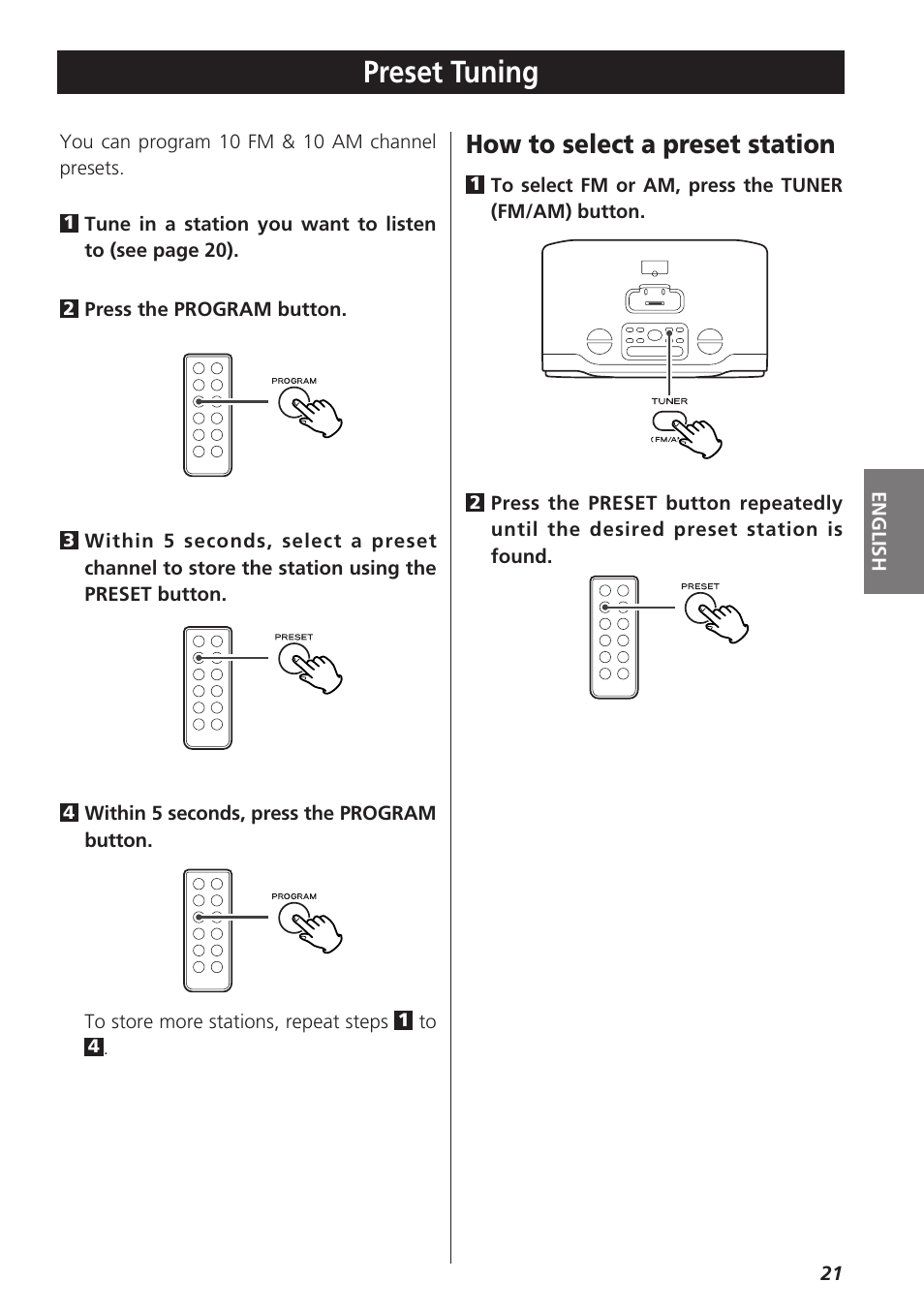 Preset tuning, How to select a preset station | Teac GR-7i User Manual | Page 21 / 68