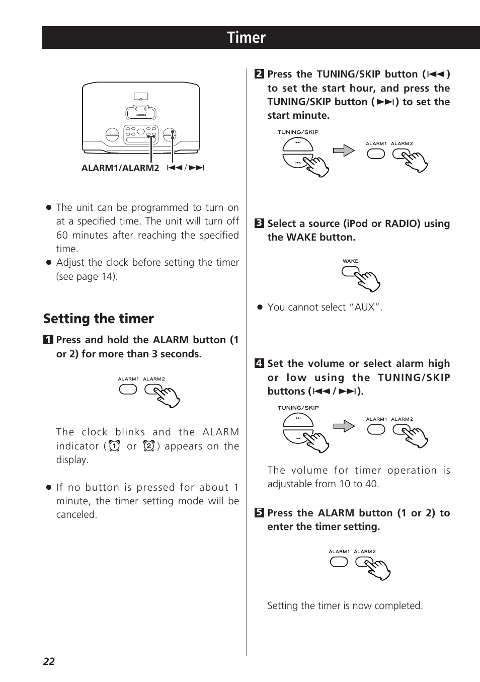 Troubleshooting, Timer, Setting the timer | Teac GR-7i User Manual | Page 22 / 68