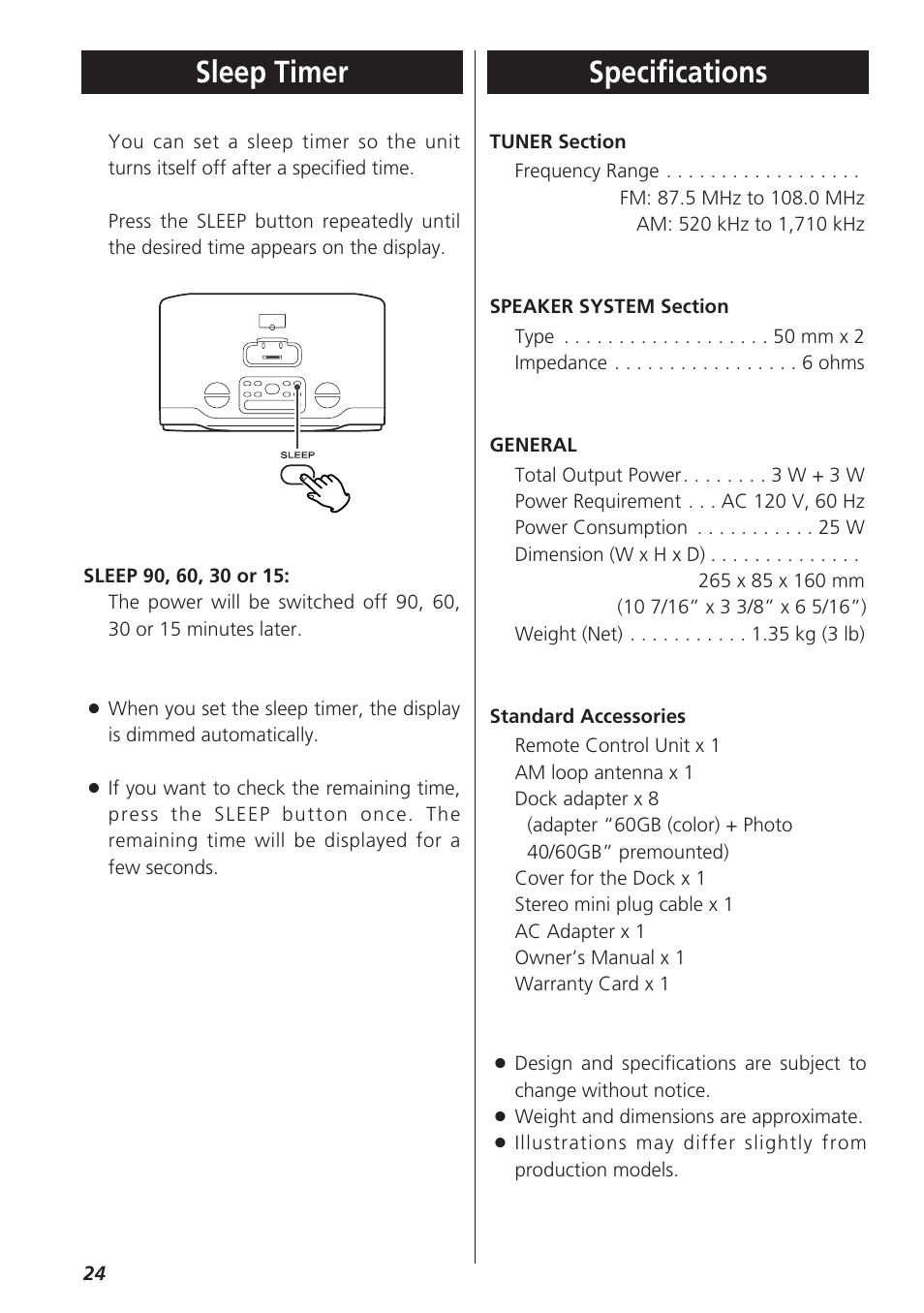 Specifications, Sleep timer | Teac GR-7i User Manual | Page 24 / 68