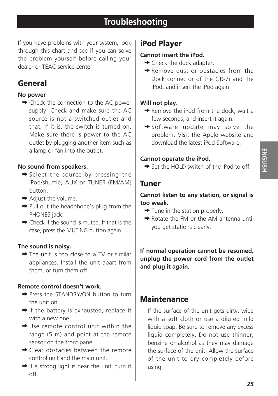 Troubleshooting, General, Ipod player | Tuner, Maintenance | Teac GR-7i User Manual | Page 25 / 68