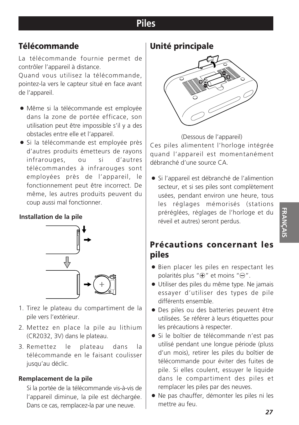 Piles, Télécommande, Unité principale | Précautions concernant les piles | Teac GR-7i User Manual | Page 27 / 68