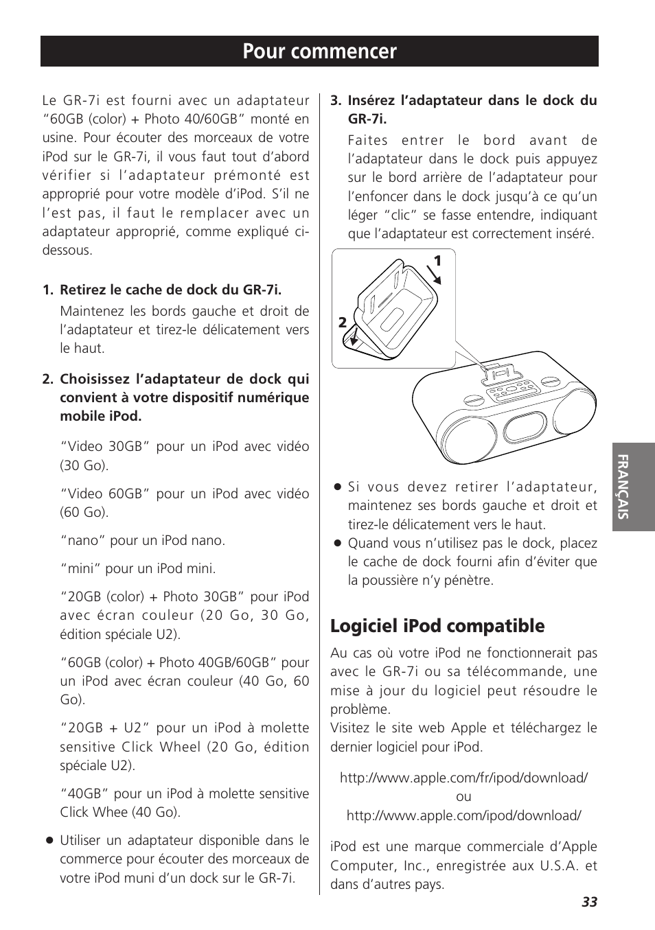 Pour commencer, Logiciel ipod compatible | Teac GR-7i User Manual | Page 33 / 68