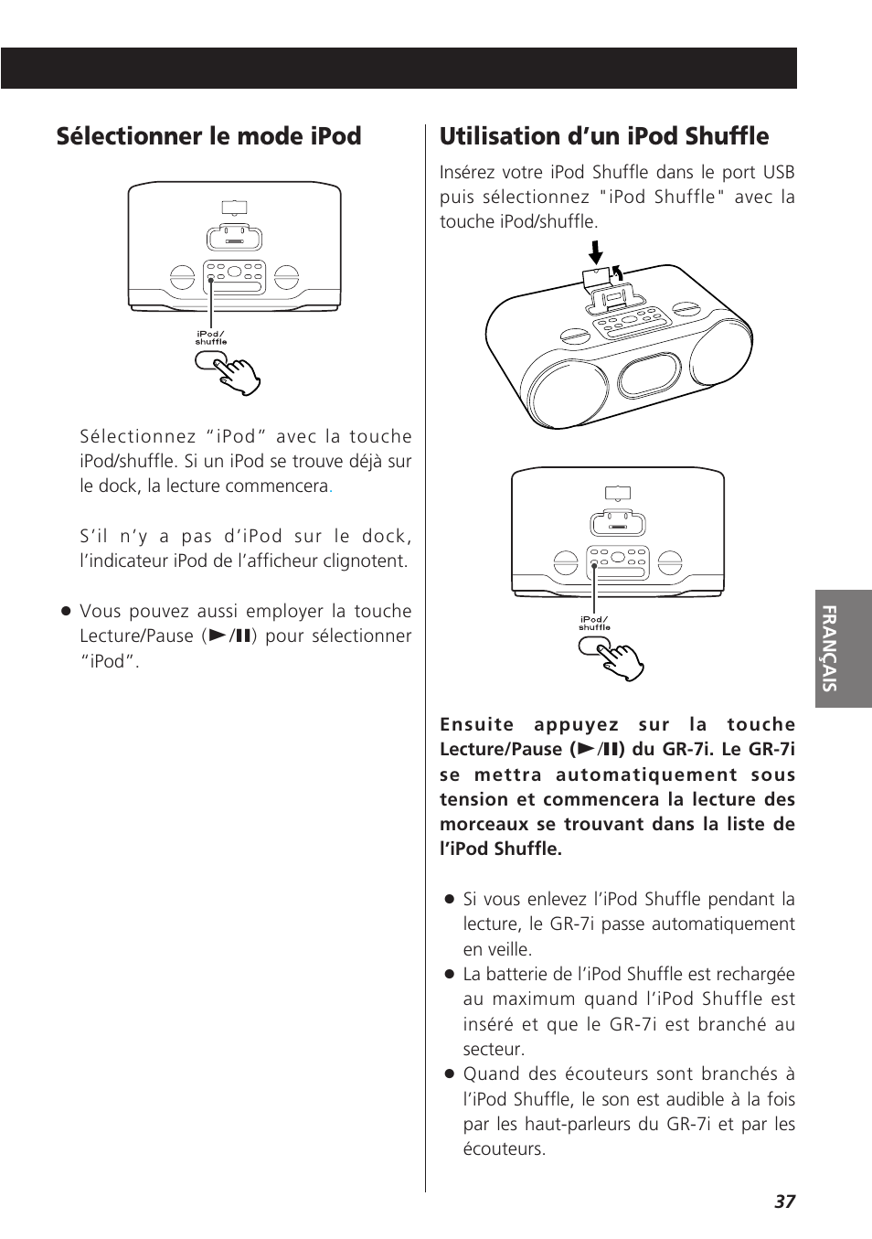 Utilisation d’un ipod shuffle, Sélectionner le mode ipod | Teac GR-7i User Manual | Page 37 / 68